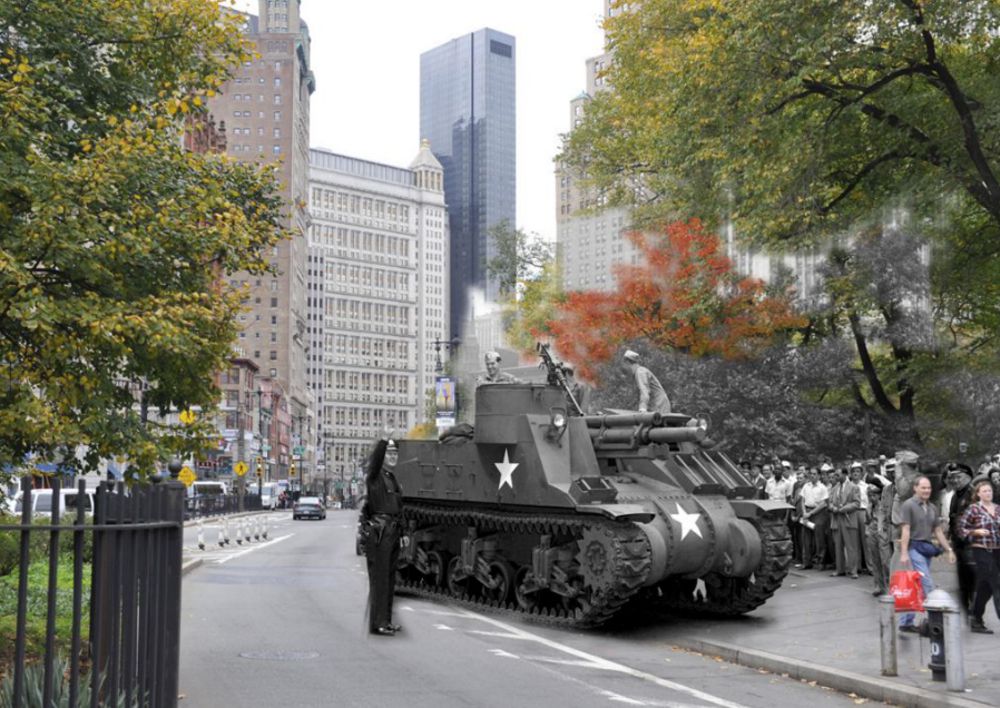 July 22, 1943. Park Row. An M-7 tank destroyer rolls up Park Row in front of City Hall en route to 5th Avenue library, where it was placed on display.